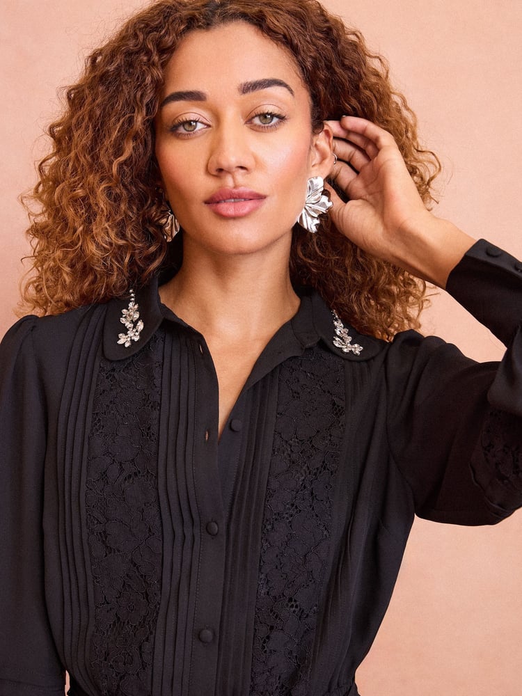 Love & Roses Black Collared Long Sleeve Mini Dress - Image 2 of 4 Love & Roses Black Collared Long Sleeve Mini Dress - Image 2 of 4