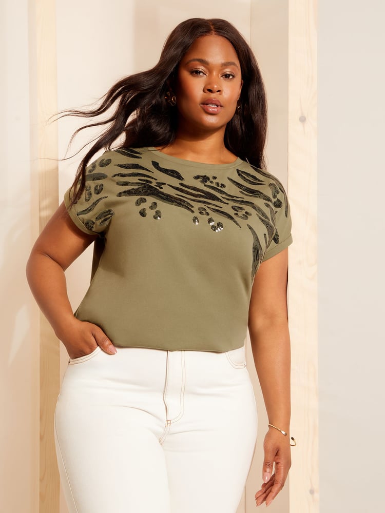Curves Like These Green Oversized Short Sleeve Sequin 100% Cotton Tunic - Image 1 of 8