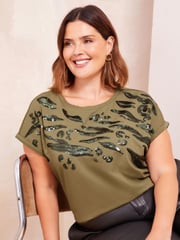 Curves Like These Green Oversized Short Sleeve Sequin 100% Cotton Tunic - Image 5 of 8
