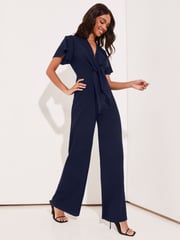 Lipsy Blue Flutter Sleeve V-Neck Tie Front Wide Leg Jumpsuit - Image 3 of 4