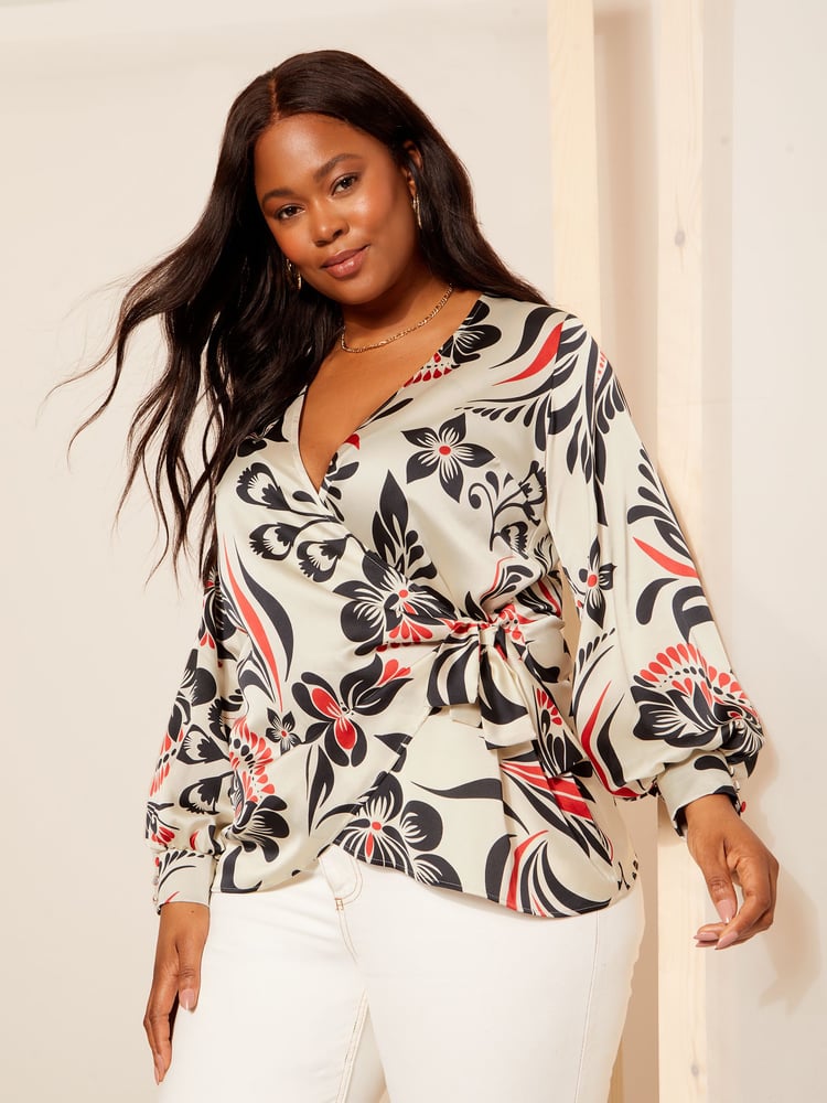 Curves Like These Cream Long Sleeve Satin Wrap Blouse - Image 1 of 5