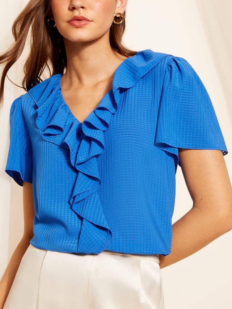 Friends Like These Blue Ruffle Front Puff Sleeve Blouse - Image 1 of 4