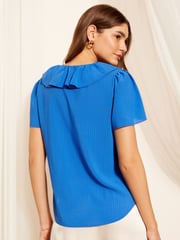Friends Like These Blue Ruffle Front Puff Sleeve Blouse - Image 4 of 4