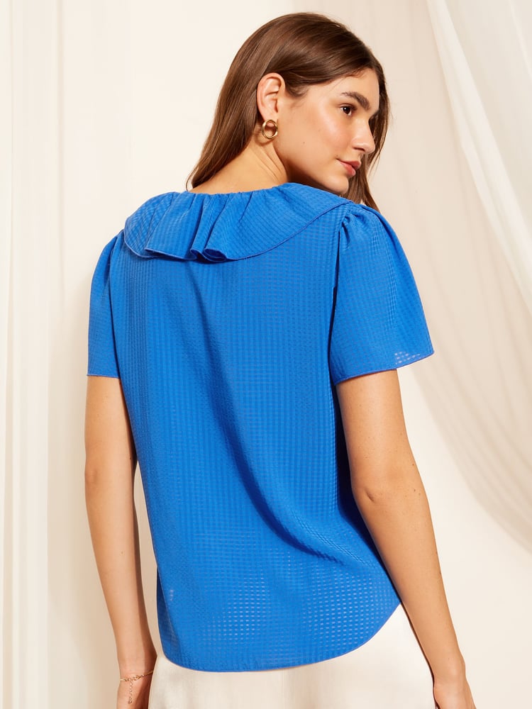 Friends Like These Blue Ruffle Front Puff Sleeve Blouse - Image 4 of 4
