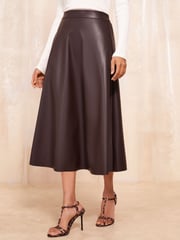 Friends Like These Chocolate Brown Faux Leather Full Hem Midi Skirt - Image 1 of 4