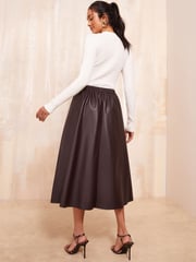 Friends Like These Chocolate Brown Faux Leather Full Hem Midi Skirt - Image 4 of 4