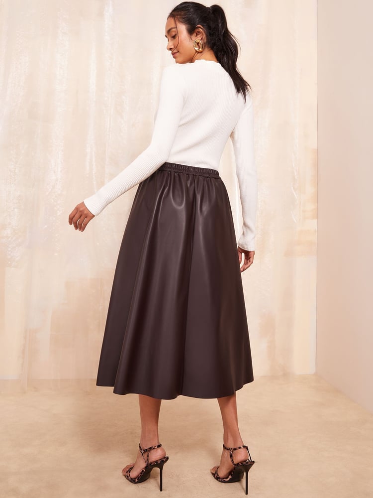 Friends Like These Chocolate Brown Faux Leather Full Hem Midi Skirt - Image 4 of 4