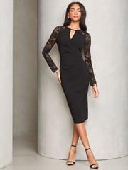 Lipsy Black lace Lace Sleeve Keyhole Ruched Long Sleeve Bodycon Midi Dress - Image 1 of 4