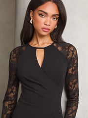 Lipsy Black lace Lace Sleeve Keyhole Ruched Long Sleeve Bodycon Midi Dress - Image 2 of 4