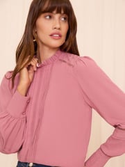 Love & Roses Pink Ruffle Neck Pintuck Detail Long Sleeve Blouse - Image 1 of 4