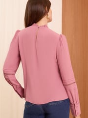 Love & Roses Pink Ruffle Neck Pintuck Detail Long Sleeve Blouse - Image 4 of 4