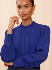 Love & Roses Blue Ruffle Neck Pintuck Detail Long Sleeve Blouse - Image 1 of 4