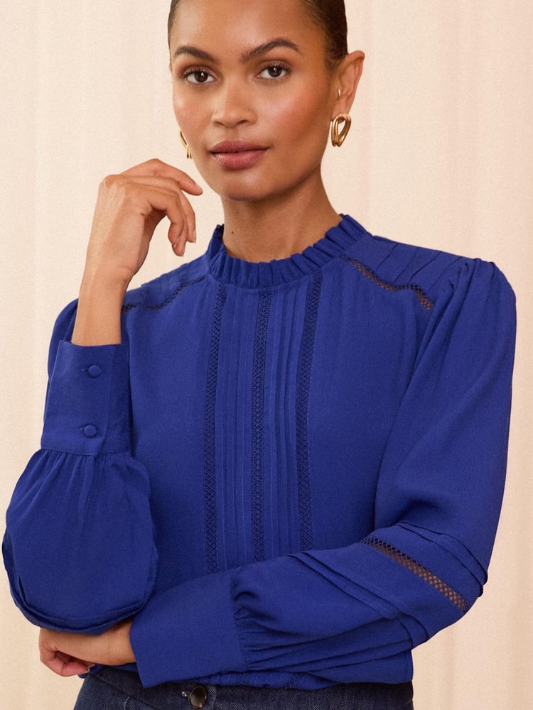Love & Roses Blue Ruffle Neck Pintuck Detail Long Sleeve Blouse - Image 1 of 4 Love & Roses Blue Ruffle Neck Pintuck Detail Long Sleeve Blouse - Image 1 of 4