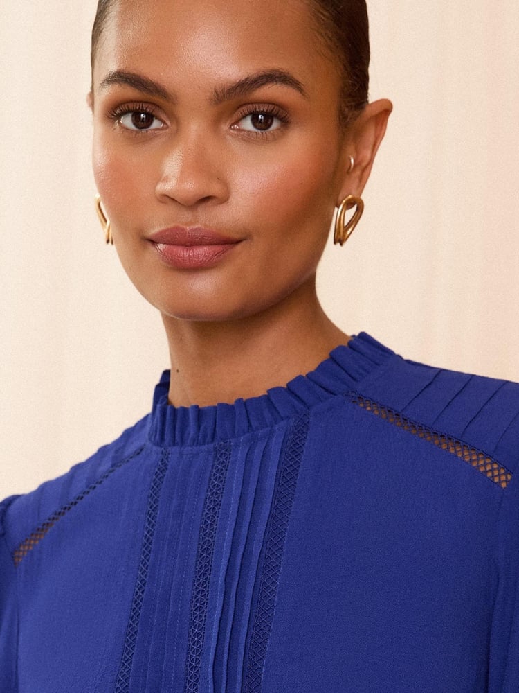 Love & Roses Blue Ruffle Neck Pintuck Detail Long Sleeve Blouse - Image 2 of 4 Love & Roses Blue Ruffle Neck Pintuck Detail Long Sleeve Blouse - Image 2 of 4
