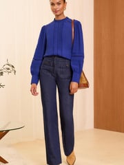 Love & Roses Blue Ruffle Neck Pintuck Detail Long Sleeve Blouse - Image 3 of 4