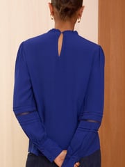 Love & Roses Blue Ruffle Neck Pintuck Detail Long Sleeve Blouse - Image 4 of 4