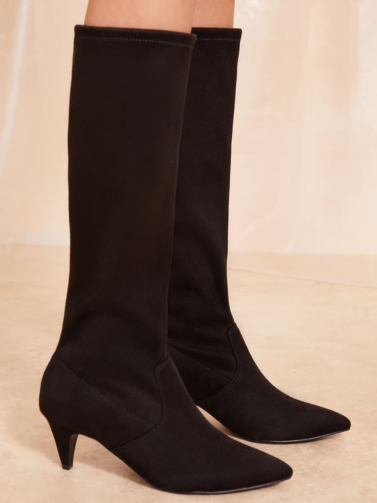 Friends Like These Black Kitten Heel Knee Mid Faux Suede Boots - Image 2 of 4
