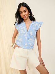 Friends Like These Blue Floral Short Sleeve V-Neck Blouse - Image 2 of 4