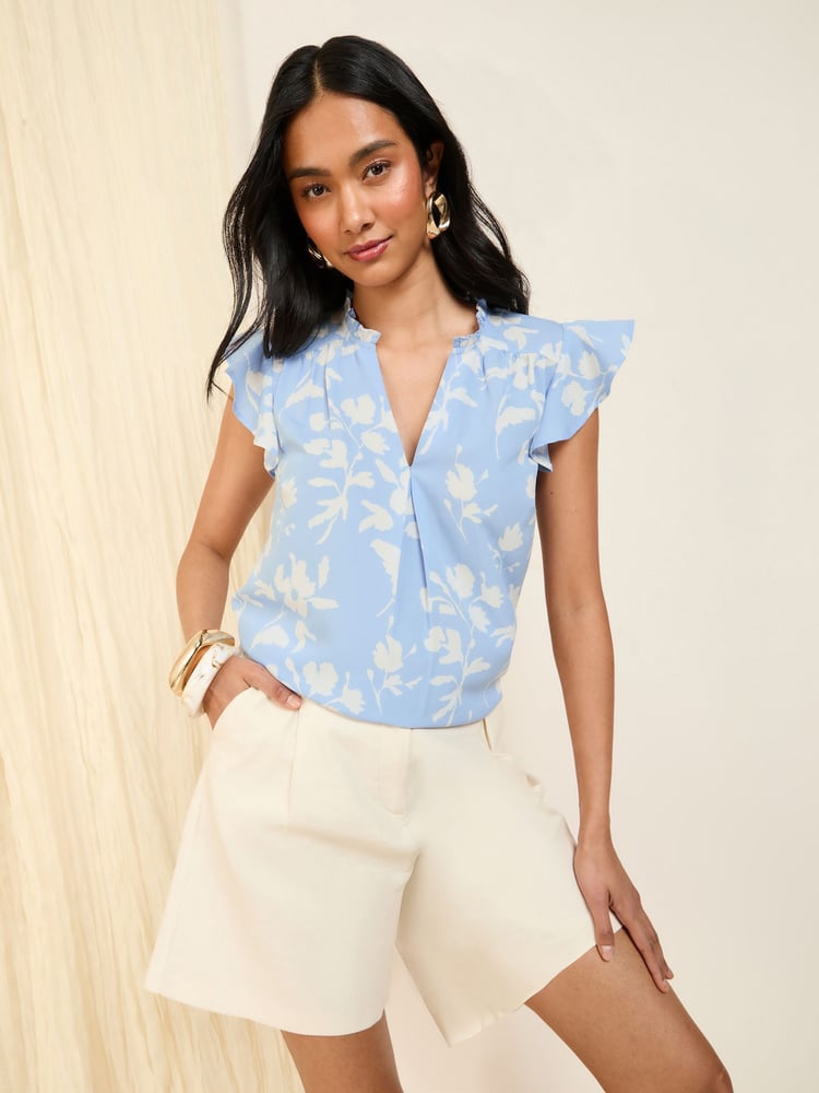 Friends Like These Blue Floral Short Sleeve V-Neck Blouse - Image 2 of 4