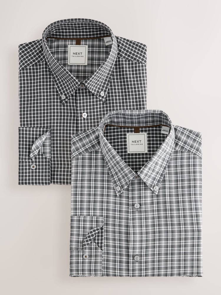 Grey Check/Gingham Regular Fit Single Cuff Easy Care Smart Shirts 2 Pack - Image 1 of 5