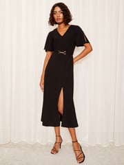 Friends Like These Black Short Tulip Sleeve Ruched Body Midi Dress - Image 1 of 4