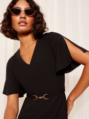Friends Like These Black Short Tulip Sleeve Ruched Body Midi Dress - Image 2 of 4