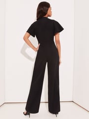 Lipsy Black Flutter Sleeve V-Neck Tie Front Wide Leg Jumpsuit - Image 2 of 4