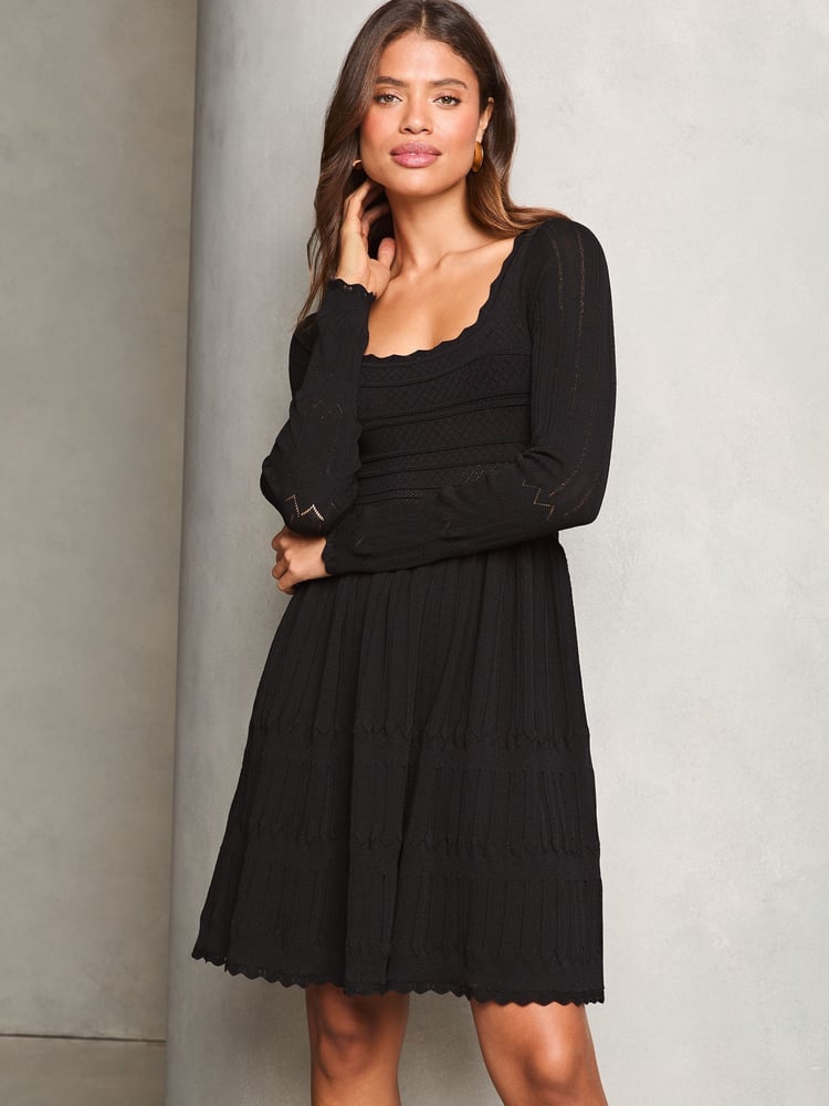 Lipsy Black Long Sleeve Stitch Detail Lantern Knitted Dress - Image 1 of 4