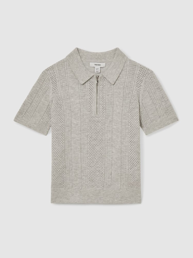 Reiss Grey Melange Texas 3-9 yrs Textured-Knit Half-Zip Polo Shirt - Image 2 of 4