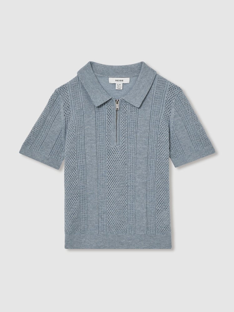 Reiss Airforce Blue Texas 3-9 yrs Textured-Knit Half-Zip Polo Shirt - Image 2 of 4