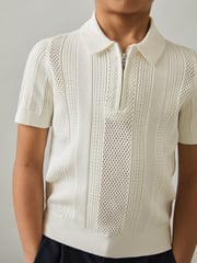 Reiss Optic White Texas 3-9 yrs Textured-Knit Half-Zip Polo Shirt - Image 1 of 4