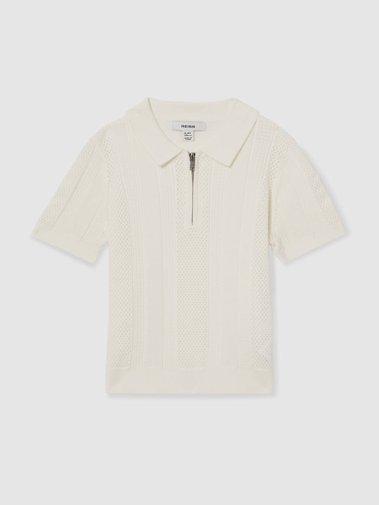 Reiss Optic White Texas 3-9 yrs Textured-Knit Half-Zip Polo Shirt - Image 2 of 4