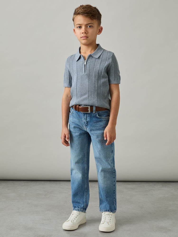 Reiss Airforce Blue Texas 9-13 yrs Textured-Knit Half-Zip Polo Shirt - Image 1 of 4