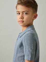 Reiss Airforce Blue Texas 9-13 yrs Textured-Knit Half-Zip Polo Shirt - Image 3 of 4