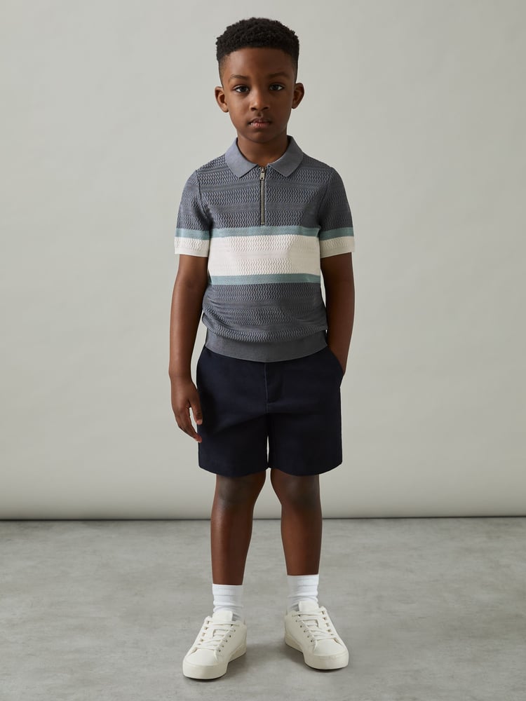 Reiss Airforce Blue Grove 3-9 yrs Textured Colour-Block Polo Shirt - Image 1 of 4