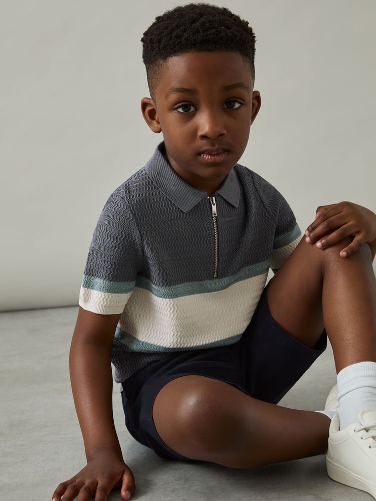Reiss Airforce Blue Grove 9-13 yrs Textured Colour-Block Polo Shirt - Image 1 of 4