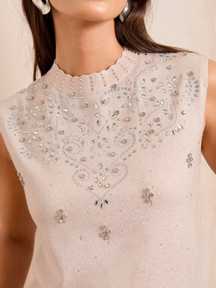 Love & Roses Pink Sequin V-Neck Knitted Vest - Image 2 of 5 Love & Roses Pink Sequin V-Neck Knitted Vest - Image 2 of 5