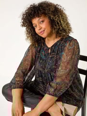 Roman Blue Curve Tie Neck Metallic Top - Image 1 of 5