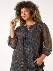 Roman Blue Curve Tie Neck Metallic Top - Image 4 of 5