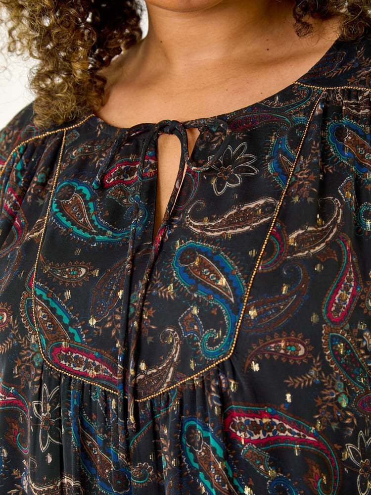 Roman Blue Curve Tie Neck Metallic Top - Image 5 of 5