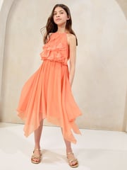 Lipsy Coral Orange Halter Ruffle Hanky Hem Occasion Dress (5-16yrs) - Image 1 of 4