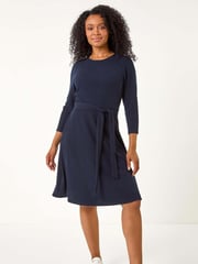 Roman Blue Petite Ribbed Tie Waist Detail Dress - Image 1 of 5