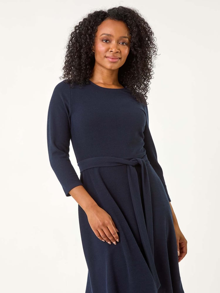 Roman Blue Petite Ribbed Tie Waist Detail Dress - Image 2 of 5