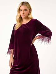 Roman Purple Petite Velvet Feather Trim Stretch Dress - Image 1 of 5