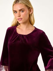 Roman Purple Petite Velvet Feather Trim Stretch Dress - Image 4 of 5