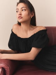 Black Puff Sleeve Seersucker Midi Summer Dress - Image 4 of 8