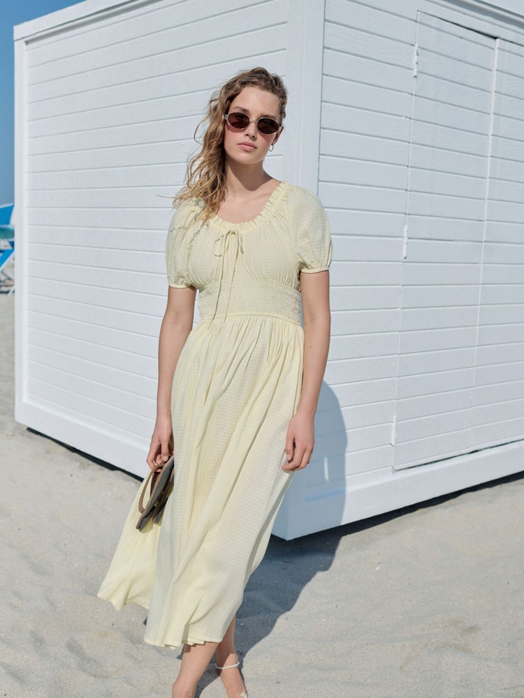 Lemon Yellow Puff Sleeve Seersucker Midi Summer Dress - Image 1 of 8