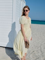 Lemon Yellow Puff Sleeve Seersucker Midi Summer Dress - Image 3 of 8