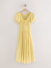 Lemon Yellow Puff Sleeve Seersucker Midi Summer Dress - Image 6 of 8