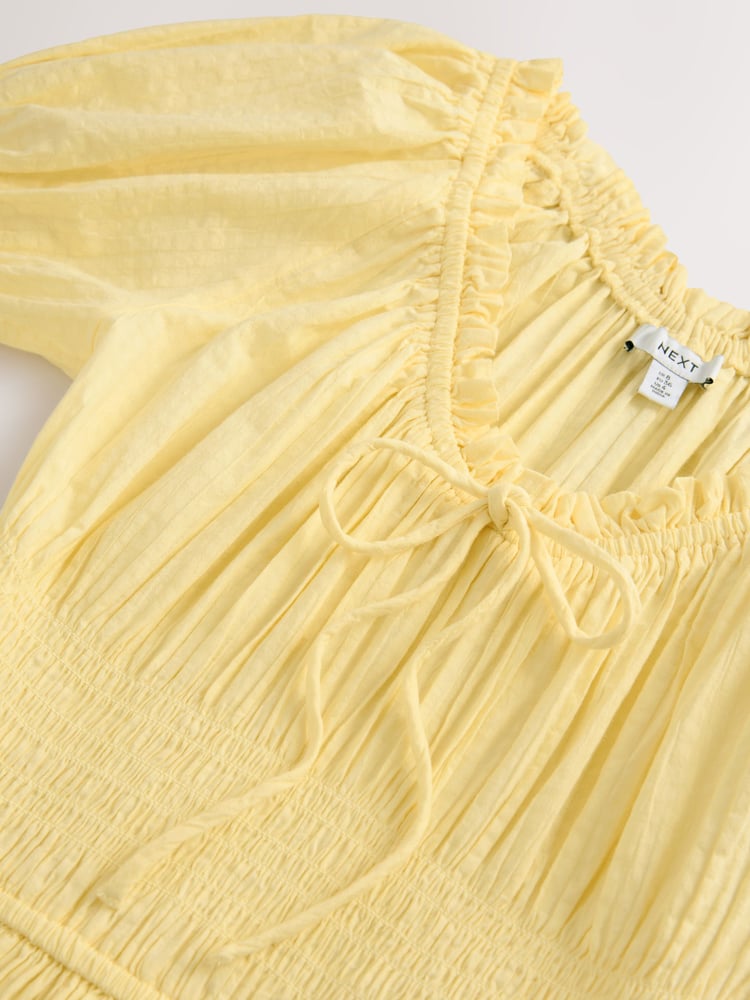 Lemon Yellow Puff Sleeve Seersucker Midi Summer Dress - Image 8 of 8